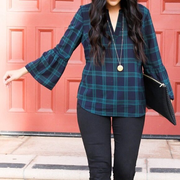 J Crew Factory V Neck Bell Sleeve Holiday Blouse, Black Watch Plaid, Size Small - Picture 1 of 10